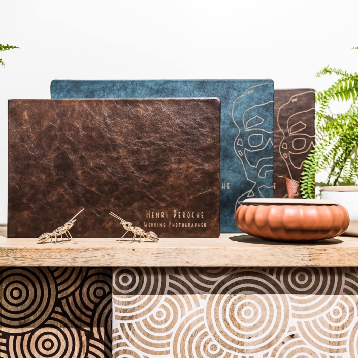 High-end wedding photo books in Tuscan leather by Dreambooks Pro and Henri Deroche