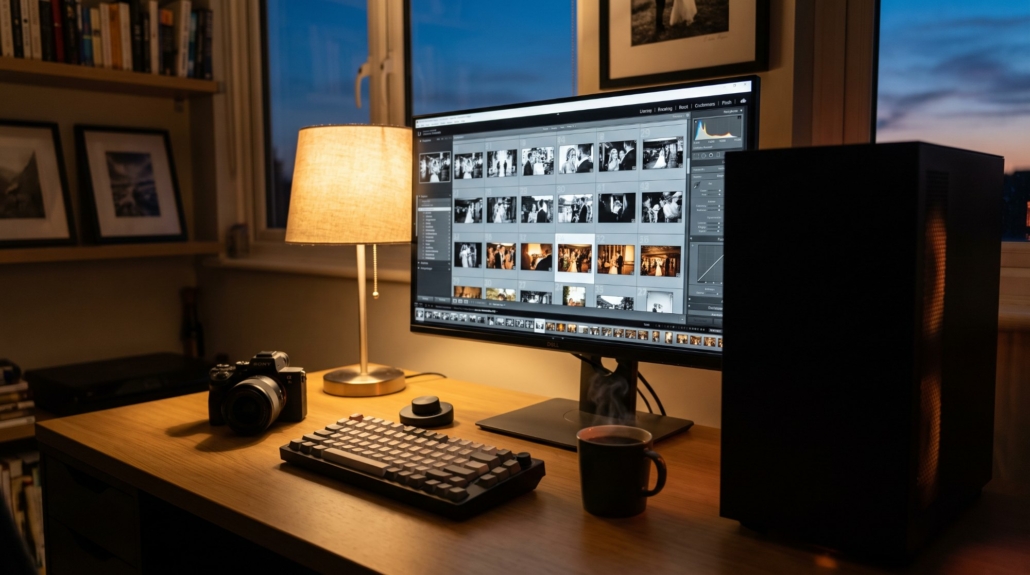 Poste de retouche d'un photographe de mariage : PC pour Lightroom, écran calibré et appareil hybride